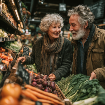 Щаслива літня пара готує здорову їжу разом