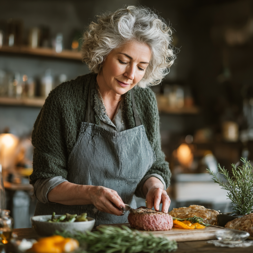 Група щасливих літніх людей разом готує здорову їжу